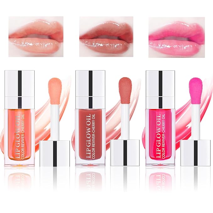 3PCS Lip Oil Set, Hydrating Lip Glow Oil Lip Plumper Gloss, Tinted Lip Oils Transparent Long Lasting Non-sticky Lip Gloss, Plumping Lip Gloss Lip Care Kit (Pink & Rosewood & Cherry)-VivaGrace Women