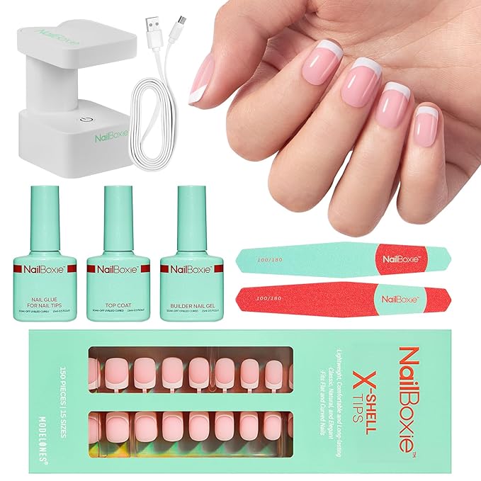 Modelones Gel Nail Kit, Top Coat, Nail Builder Gel, Press On Nails Kit with LED Light, 150 PCS Short Pink Square, 15 Sizes French Tip Press on Nails, Pre-Colored Nail Tips for Easy DIY Nail Art-VivaGrace Women