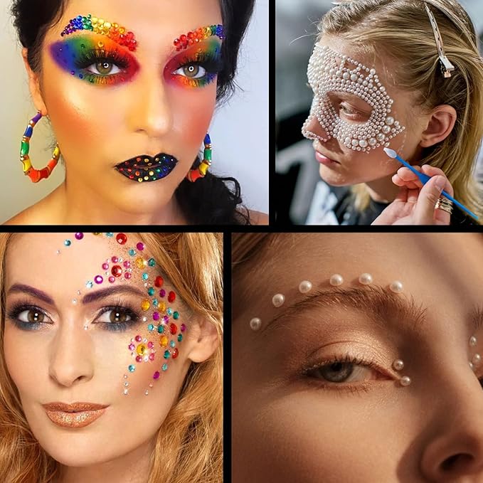 Flat Back Rhinestone+Half Round Pearl Kits Colorful Rhinestones+White&Beige Pearls With Quick Dry Makeup Glue+Picker Pencil+Tweezer For Nail Art And Face Make-up-VivaGrace Women