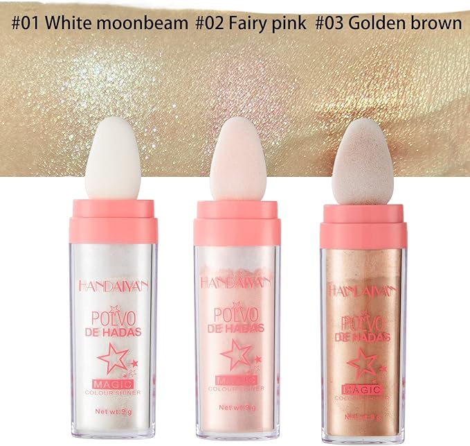 Polvo De Hadas - Body Glitter Highlighter Powder Fairy Stick for Makeup Shimmer and Shine High Gloss Blush Contour Powder Makeup - 3 Colors Sparkle Patting Powder For Hair Face Eyes Body-VivaGrace Women