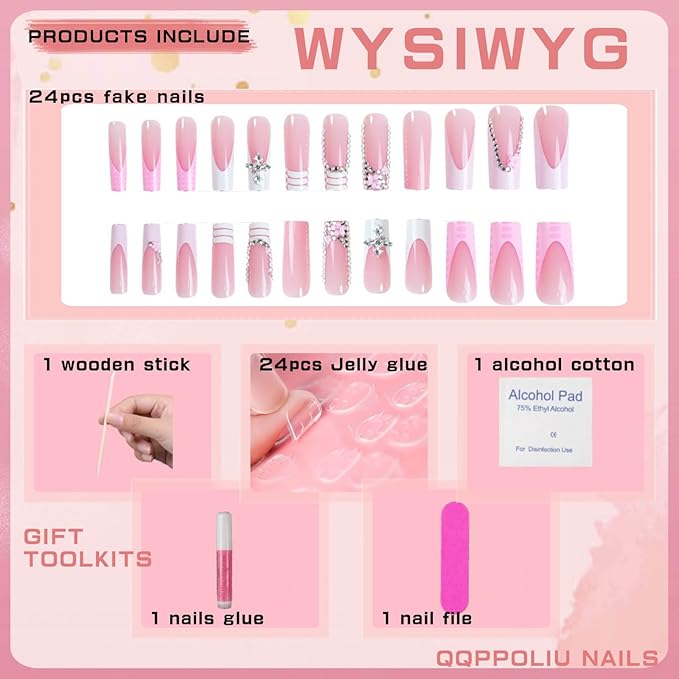 Pink Press on Nails Long Coffin with White French Tip Designs Rhinestones Nails (Pink & White)