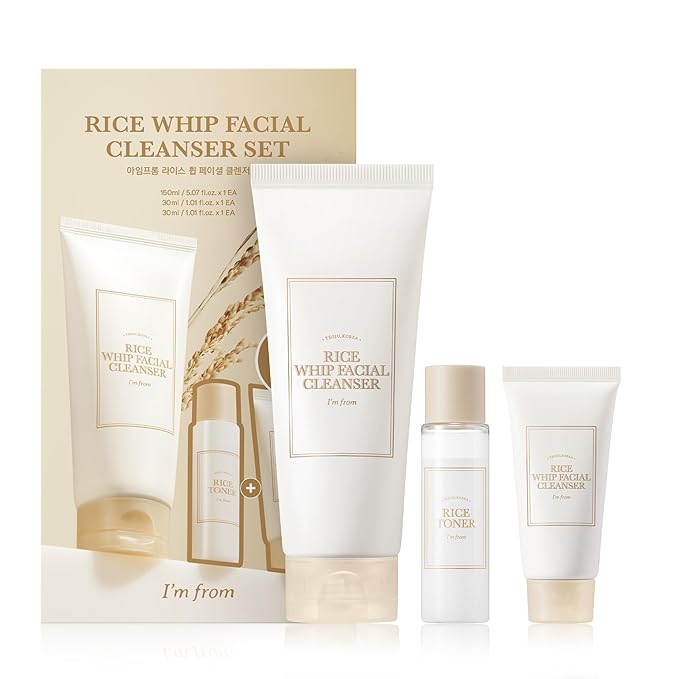 I'm from Rice Whip Facial Cleanser Set, 3 pcs Gift, Travel Kit with Rice Face Wash 5.07 fl oz & 1.01 fl oz & Rice Toner 1.01 fl oz, low-pH Rice Water Face Wash for sensitive, dry skin-VivaGrace Women