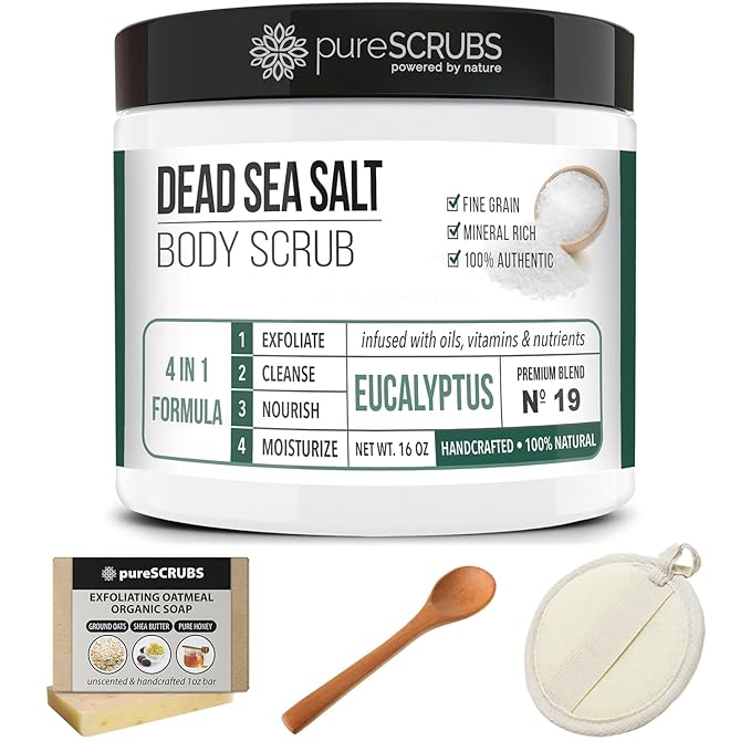 pureSCRUBS Premium Eucalyptus Body Scrub Set - Large 16oz Dead Sea Salt Body Scrub With Infused Essential Oils & Nutrients, Includes Wooden Spoon, Loofah & Oatmeal Exfoliating Bar Soap-VivaGrace Women