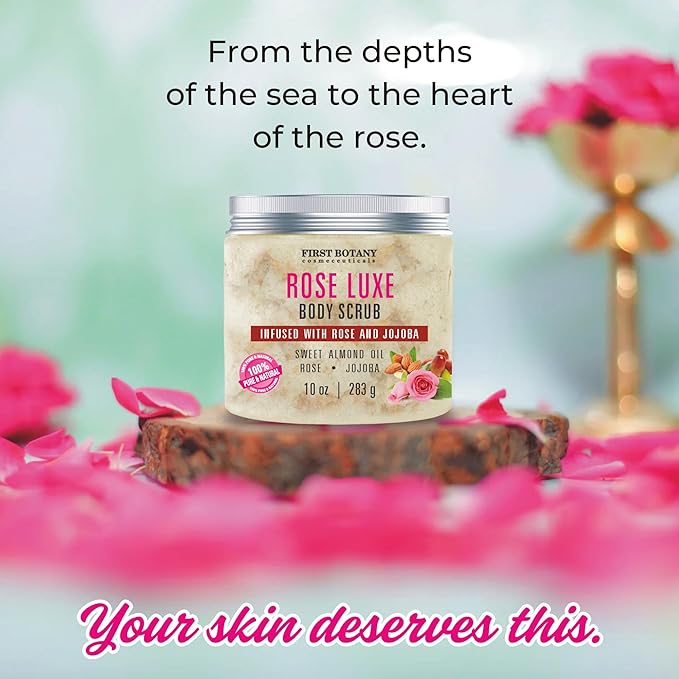 First Botany Body Scrub - Natural Exfoliating Salt Scrub & Body and Face Souffle helps with Moisturizing Skin, Acne, Cellulite, Dead Skin Scars, Wrinkles (10 fl oz, Rose)-VivaGrace Women