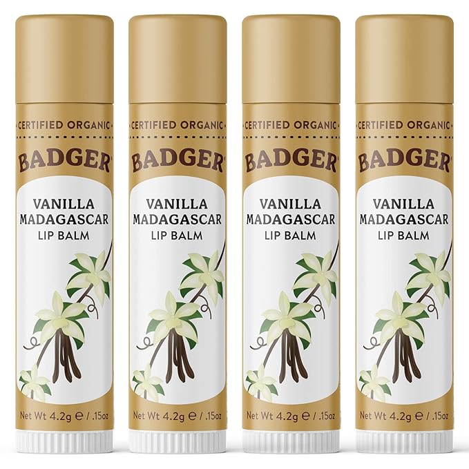 Badger - Classic Lip Balm, Vanilla Madagascar, Made with Organic Olive Oil, Beeswax & Rosemary, Certified Organic, Moisturizing Lip Balm, 0.15 oz (4 Pack)-VivaGrace Women