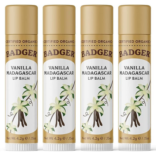 Badger - Classic Lip Balm, Vanilla Madagascar, Made with Organic Olive Oil, Beeswax & Rosemary, Certified Organic, Moisturizing Lip Balm, 0.15 oz (4 Pack)-VivaGrace Women