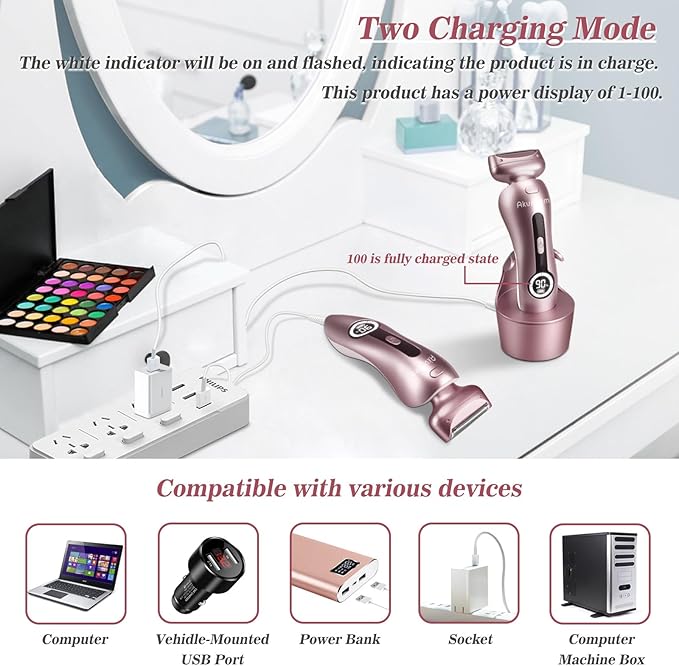 Electric Shaver for Women for Legs Bikini Trimmer Electric Razors for Women Underarm Public Hairs Rechargeable Womens Shaver Wet Dry Use Painless Cordless with Detachable Head (Pink)-VivaGrace Women
