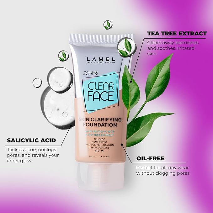 Lamel - Oh my Clear Face Foundation-404 Custard | Contains tea tree extract and salicylic acid |Controls sebum production |Anti-blemish formula |Oil free foundation | 40ml-VivaGrace Women