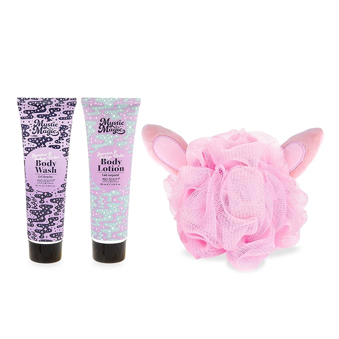 MAD BEAUTY Mystic Magic Rabbit in the Hat Body Trio, 3-in-1 Bath Kit: Exfoliating Loofah, Body Lotion, & Body Wash, Gorgeous Jasmine & Indigo Violet, Relax & Unwind, Great Self-Care Gift Set-VivaGrace Women