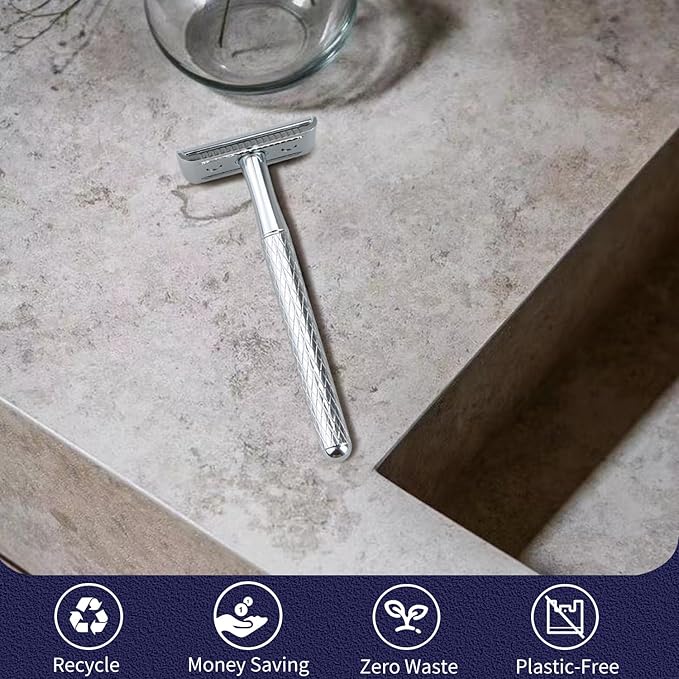 Shiny Silver Double Edge Safety Razor, Single Blade Razors for Men and Women, with 10 Stainless Steel Safety Razor Blades, Reusable, Smooth and Close Wet Shaving Kit, Plastic Free-VivaGrace Women