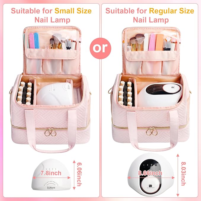 Nail Polish Organizer Bag Holds 50 Bottles (15ml/0.5fl.oz)& Nail Lamp, Soft Velvet Nail Kit Storage Carrying Case with Shoulder Strap, Double Layer Nail Supplies Organizer Handbag Women (Pink)