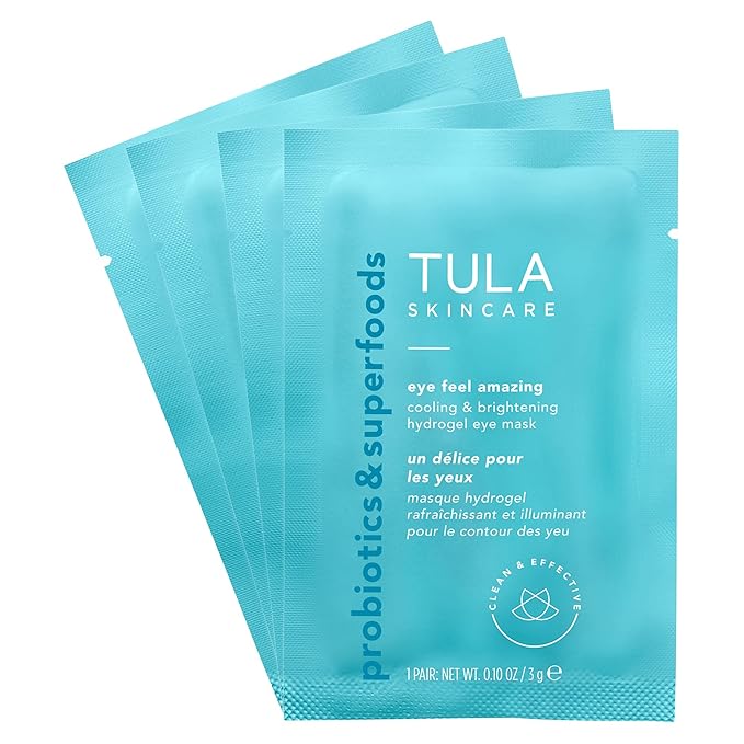 TULA Skin Care Eye Feel Amazing Cooling & Brightening Hydrogel Eye Masks - Fights Puffiness & Soothes Undereyes, Contains Hyaluronic Acid & Niacinamide, Caffeine & Chamomile, 4 packettes, 0.10 oz.-VivaGrace Women
