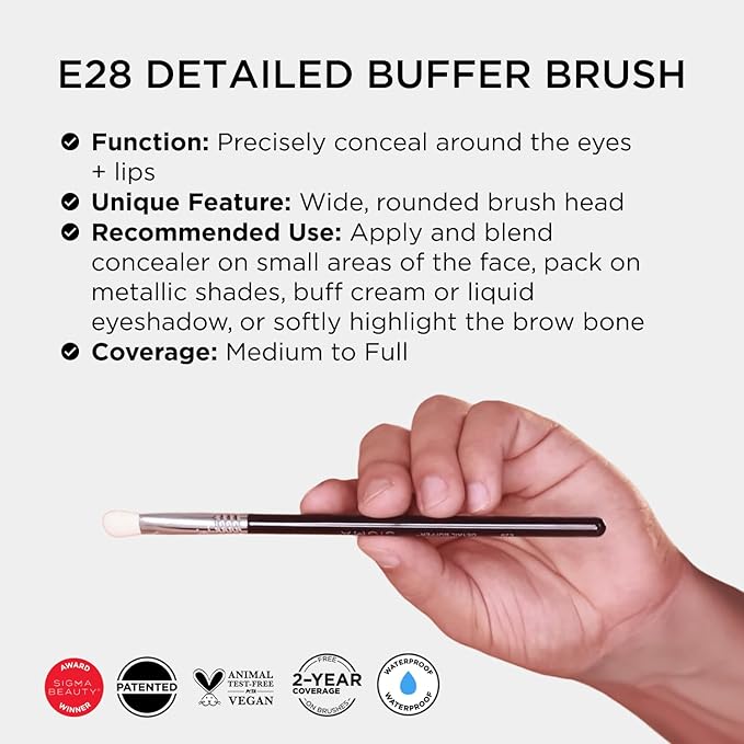 Sigma Beauty Professional E28 Detail Buffer Brush – Professional Eyeshadow Brush for Seamless Cream or Liquid Eyeshadow Blending, Packing on Metallic Shades & Highlighting the Brow Bone (1 Brush)-VivaGrace Women