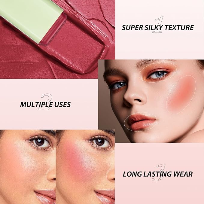 Blush Stick for Cheeks - Cream Makeup Blush Wand, Solid Moisturizer Stick for Cheeks Tint, Natural Blendable Waterproof Korean Matte Long-Lasting Smooth Blushes (#02 Hot Red)-VivaGrace Women