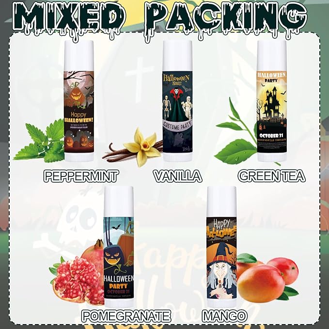 Dunzy 50 Pcs Halloween Lip Balm Bulk Spooky Lip Balm Gifts Bulk Vintage Halloween Wedding Favors Halloween Stuffers for Adults Halloween Party Supplies for Baby Shower, 10 Style, 5 Fruit Flavors-VivaGrace Women