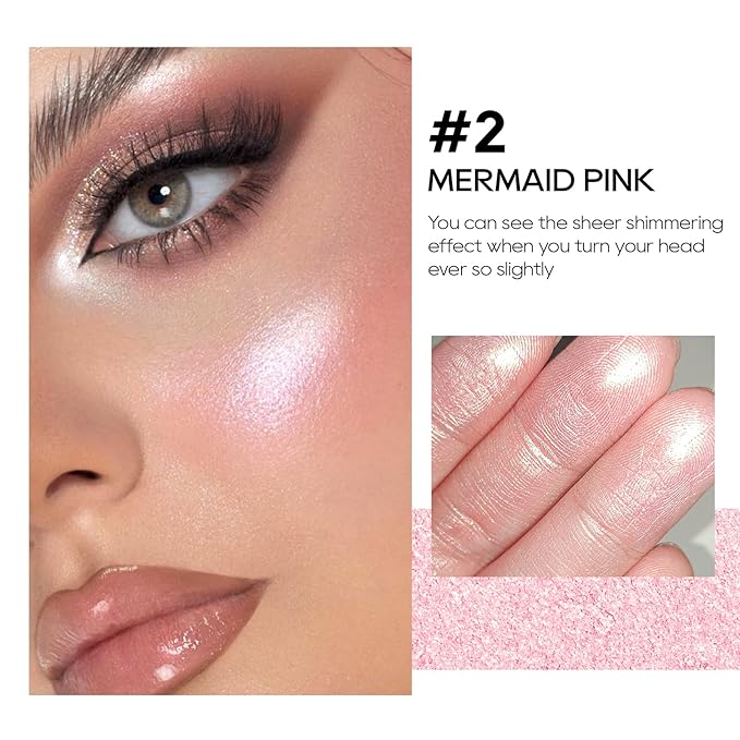 Baked Pink Highlighter Powder Palette, Makeup Highlighter Powder Palette Sheer Shimmering Finish Face Highlighters Makeup Iluminadores de Maquillaje #02 Mermaid Pink-VivaGrace Women
