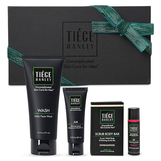 Tiege Hanley Mens Skin Care Gift Box Set, Bronze - Men's Skincare Set Includes Face Wash, Facial Moisturizer with SPF 20 Sunscreen, Body Exfoliating Scrub Bar, & Moisturizing Lip Balm-VivaGrace Women