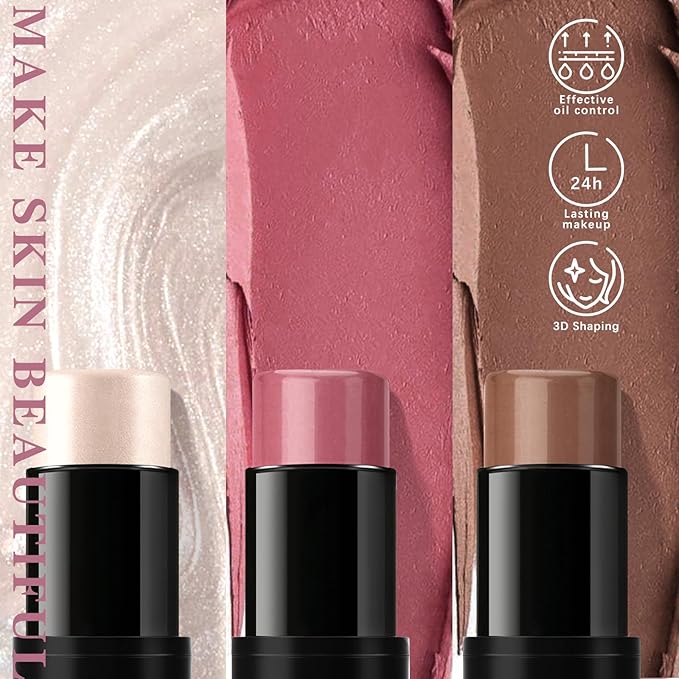 3 Pcs Cream Blush Contour Highlighter Stick for Cheeks Eyes Lips Lightweight Dewy Finish Blush Stick Waterproof Long Lasting Contour Stick Trio Wand Face Makeup Set for Girls and Women (2+5+6)-VivaGrace Women