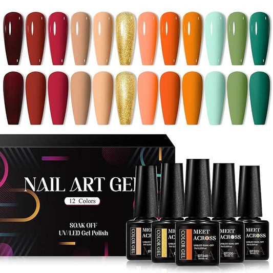 MEET ACROSS 12pcs Gel Nail Polish Set,Soak Off UV LED Lamp Gel Nail Polish Kit,Fashion Shimmer Nail Art Design Gifts for Women Manicure Salon (autumn scenery)