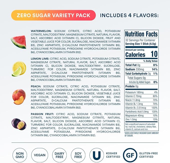 DripDrop Sugar Free Hydration Packets - Zero Classic Variety Pack - Single Serve Electrolytes Powder Drink Mix - Lemon Lime, Watermelon, Peach, Passion Fruit - Non-GMO, Gluten Free, Vegan - 32 Sticks-VivaGrace Women