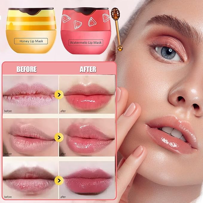 3 PCS Bee Lip Balm Honey Pot, Honey&Strawberry&Watermelon Lip Sleeping Mask Hydrating Prevention Dry and Cracked Lip Scrubs Exfoliator Lip Care, Overnight Lip Mask Reduces Lip Lines-VivaGrace Women