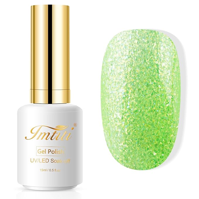 Imtiti Glitter Light Green Gel Nail Polish, UV LED Soak Off Sparkle Olive Green Color Nail Polish, Shimmer Glitter Gel Polish