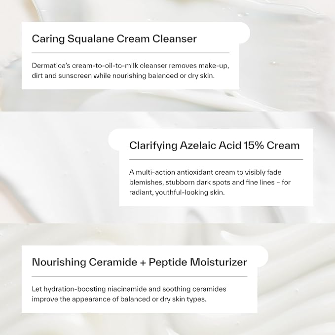 Dermatica Brightening & Barrier Repair Kit, Caring Squalane Cleanser (150ml), Clarifying Azelaic Acid 15% Cream (30ml), Nourishing Ceramide + Peptide Moisturiser (50ml)-VivaGrace Women
