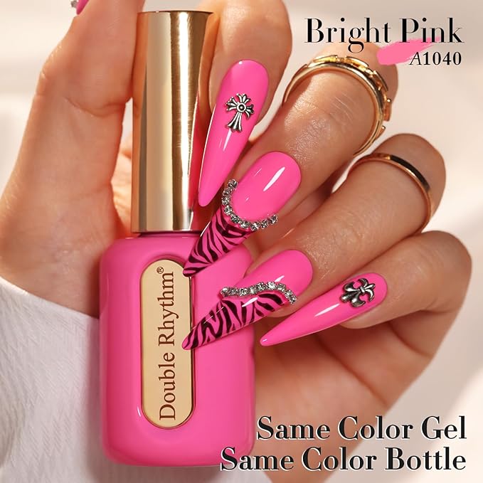 Double Rhythm 0.50 OZ Gel Polish Hema Free Same Color Same Bottle Golden Round Translucent Neutral Natural Milky 15 ML Jelly UV Polish Art DIY at Home (Bright Pink-C1040)