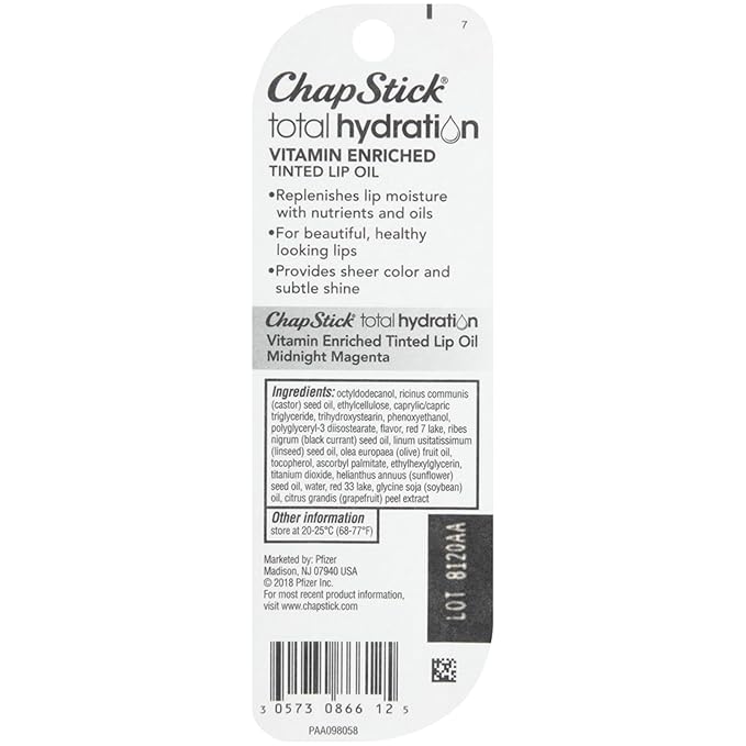 ChapStick Total Hydration Vitamin Enriched Midnight Magenta Tinted Lip Oil Tubes, Lip Care - 0.24 Oz Each, 1 Count-VivaGrace Women