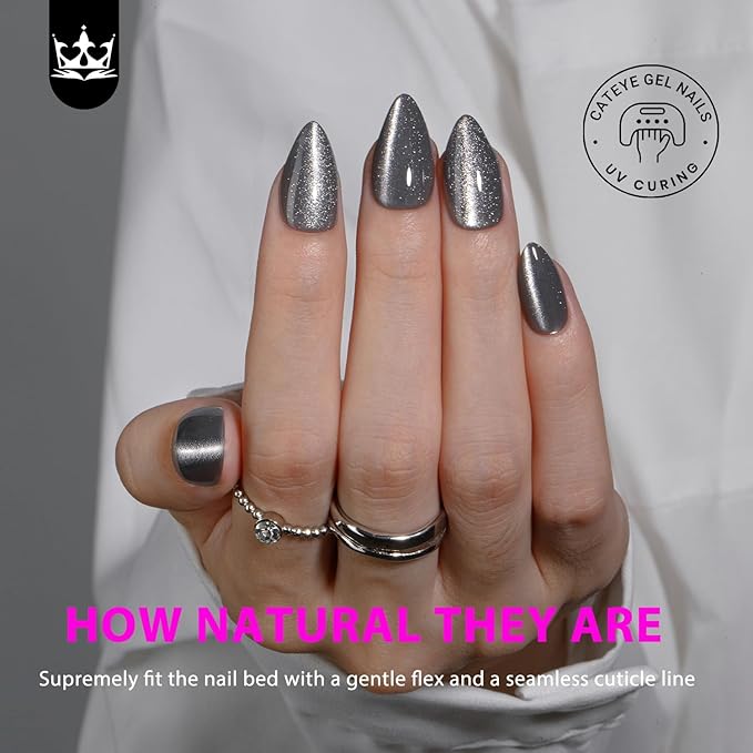 KQueenest Glitter Cat Eye Press on Nails Short Almond with UV Coating, Thick Cute Gel Nails Press on, Gloss Acrylic Fake Nails Glue on with Bling Design - 30 Reusable False Nails, Smoky Grey Sparkle