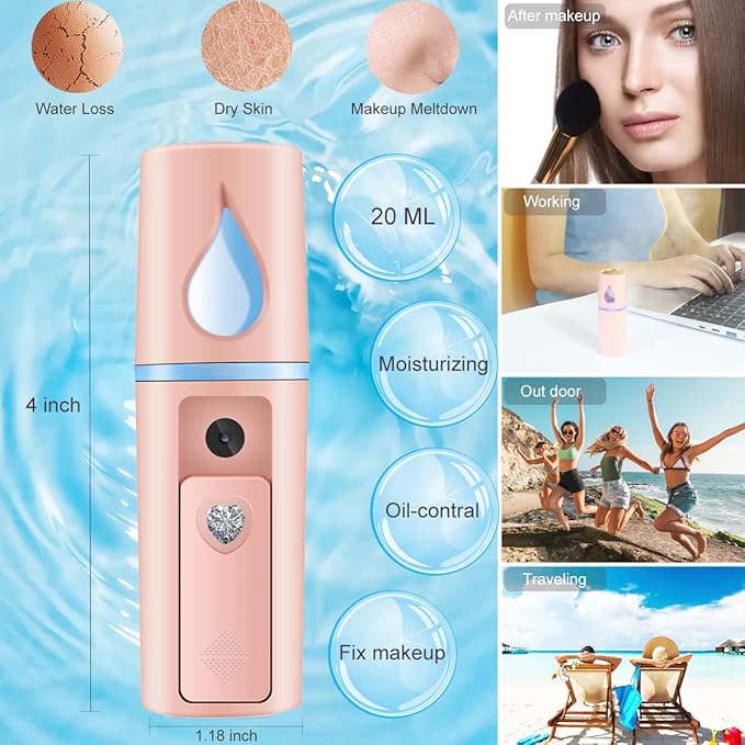 Nano Facial Mister Portable Mist Sprayer with Mirror Mini Cool Mist Spray for Skin Care & Facial Body Moisturized & Eyelash Extensions, USB Rechargeable (Pink)-VivaGrace Women