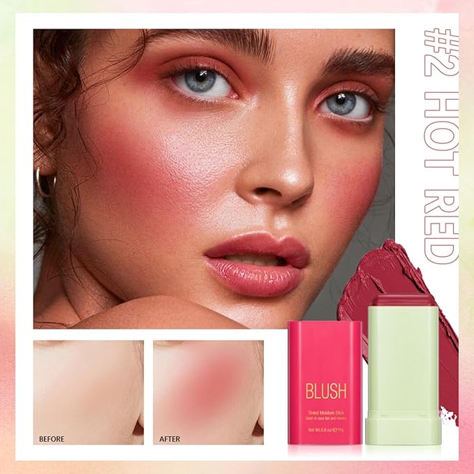 Blush Stick, Cream Blush Stick for Cheeks & Lips, Blendable Long-Lasting Multi-Use Contour Stick & Highlighter Makeup (#2 HOT RED)-VivaGrace Women