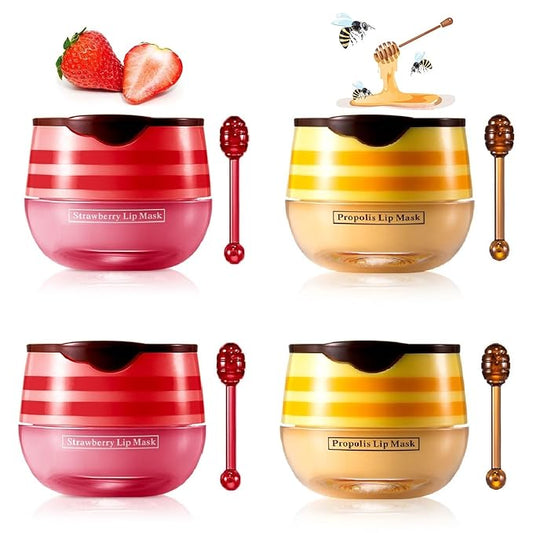 4 Pcs Bee Lip Balm Lip Mask Honey Pot, Honey & Strawberry Lip Mask Propolis Moisturizing Lip Balm Hydrating Prevention Dry and Cracked Lip Scrubs Exfoliator,Reduces Lip Lines.-VivaGrace Women