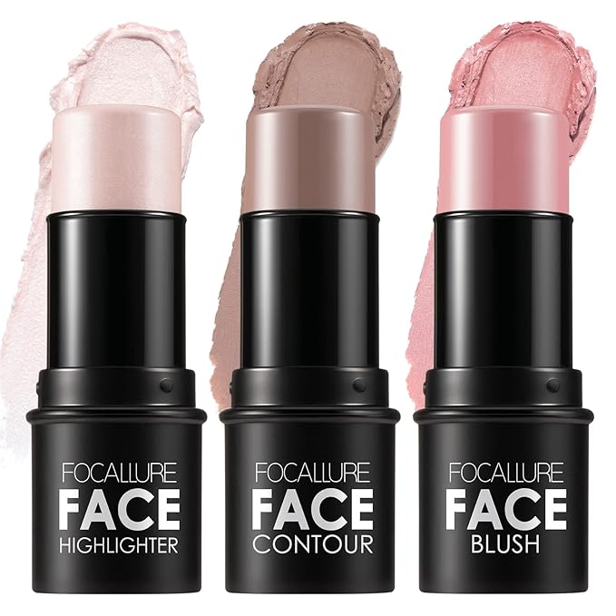 FOCALLURE 3 Pcs Cream Contour Sticks,Shades with Highlighter & Bronzer & Blush,Non-greasy Long-wear Face Contouring Pen,Easy to Sculpt the Face and Create a Lightweight Finishing Makeup,FAIR-LIGHT-VivaGrace Women
