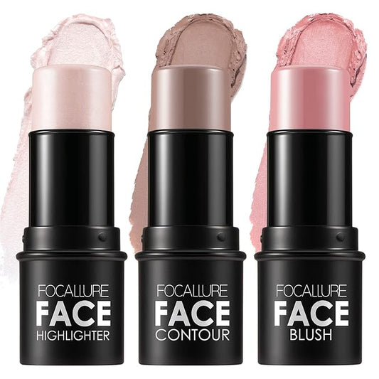 FOCALLURE 3 Pcs Cream Contour Sticks,Shades with Highlighter & Bronzer & Blush,Non-greasy Long-wear Face Contouring Pen,Easy to Sculpt the Face and Create a Lightweight Finishing Makeup,FAIR-LIGHT-VivaGrace Women