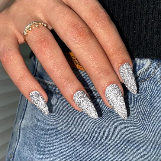 White Sliver Glitter Press on Nails Medium Almond Shape,KQueenest Shimmer Acrylic Fake Nails with Salon UV Finish,Sparkling Gel Nails Press ons,Glue on Nails Medium False Nails with Design in 24 PCS