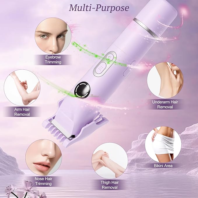 Bikini Trimmer for Women, 4 in 1 Wet/Dry Electric Razors for Women - Dual Head, Painless Rechargeable Portable Womens Razors for Shaving Set for Face, Nose, Eyebrows, Armpits, Bikini Area (Purple)-VivaGrace Women