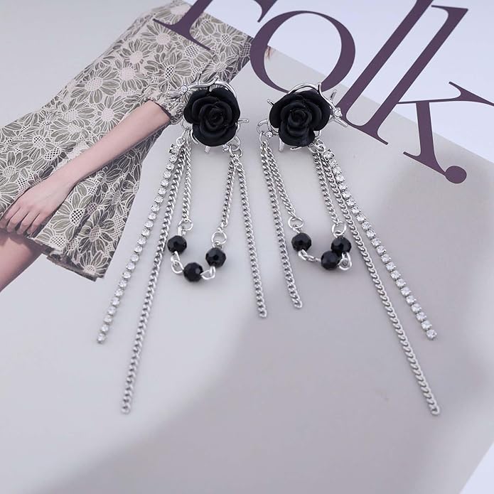 Punk Black Rose Flower Earring Long Rhinestone Chain Drop Earrings Silver Cz Tassel Chain Earrings Black Rose Flower Ear Cuff Earring Jewelry for Women-VivaGrace Women