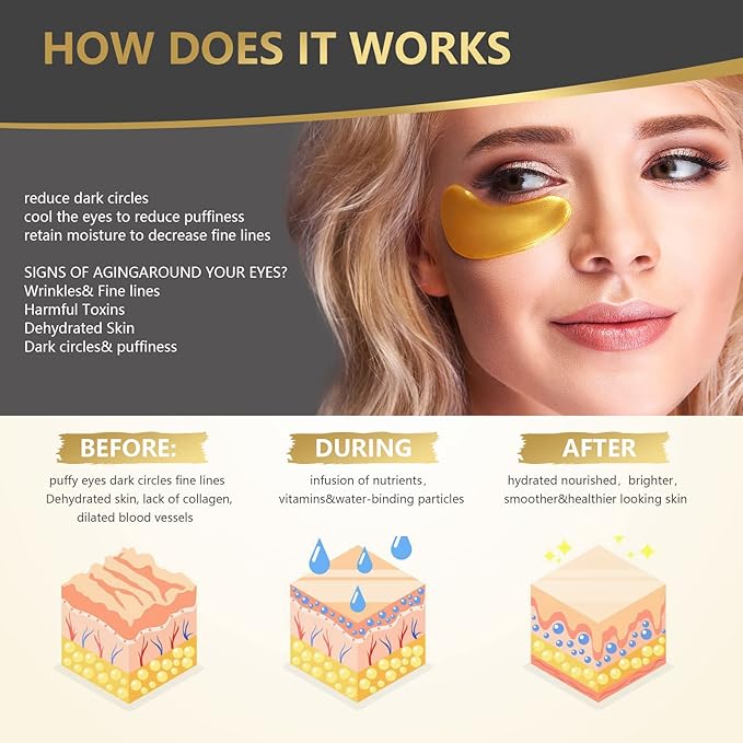 24K Gold Eye Mask, 30 Pairs, Natural Anti-aging Eye Pads for Puffy Eyes, Dark Circles, and Eye Bags with Amino Acid & Collagen, with Revitalize and Hydrate Your Skin-VivaGrace Women