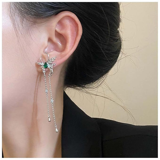 Vintage Emerald Butterfly Earrings Silver Chain Tassel Drop Earrings Butterfly Emerald Stud Earings Long Cz Chain Earrings Jewelry for Women and Girls-VivaGrace Women