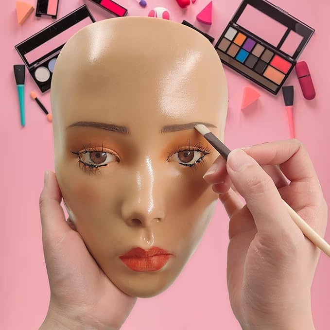 3D Makeup Practice Face,Reusable Makeup Mannequin Face with Makeup Brushes Set,Silicone Full Face Practice Eyelash Eye Shadow,for Emerging Makeup Artist,for Girl's Gift-VivaGrace Women