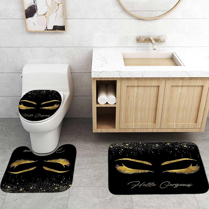 4PCS Unicorn Eyelash Shower Curtain Set, Luxury Gold Glitter Eyebrow Makeup Confetti Hello Gorgeous Glam Modern Fashion Black Women Bathroom Decor, Non-slip Bath Mat Toilet Rug, Gold Eyelash-VivaGrace Women