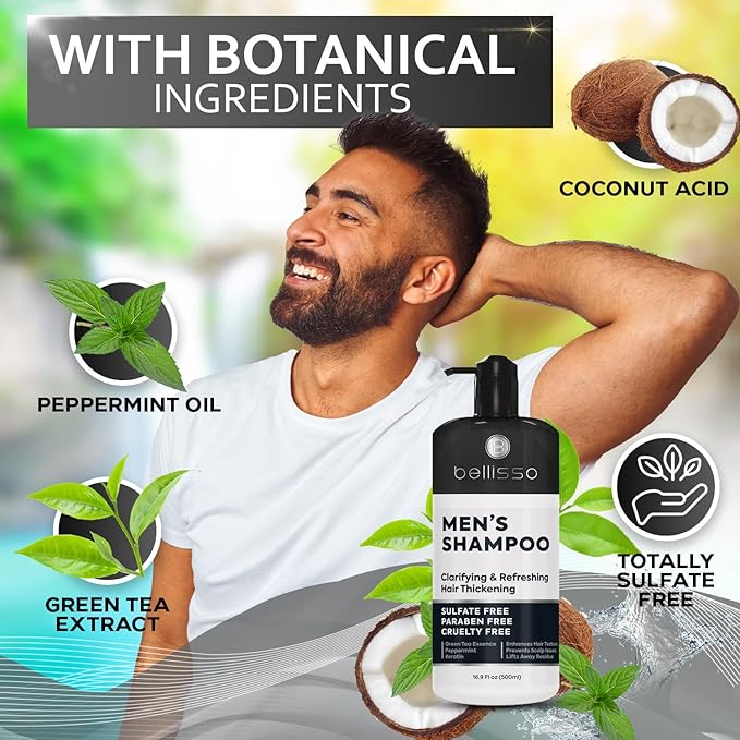 Shampoo for Men - Tea Tree Oil and Peppermint - Sulfate Free, Paraben Free - Clarifying, Refreshing, Volumizing & Moisturizing Hair Thickening Formula - Ideal for Oily Hair, Dry Scalps and Build Up-VivaGrace Women