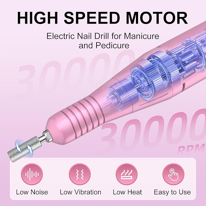 Professional Electric Nail Drill File:COSYGLOW Glitter Portable Cordless E-File Nail Drill Kit with 11 Drill Bits,30000 RPM Rechargeable Nail Drills Machine for Acrylic Nails Gel Polishing (Pink)-VivaGrace Women
