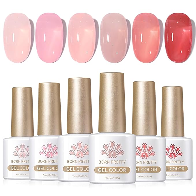 Born Pretty Jelly Nude Pink Gel Nail Polish Sheer Transparent Gel Polish 6Colors Soak Off U v Light Cure Gel Polish Kit for Salon and Nail Art DIY at Home-VivaGrace Women