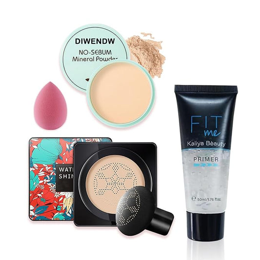 Mushroom Head Air Cushion CC Cream Full Coverage Liquid Foundation Set,Oil Control Concealer Lasting Moisturizing BB Cream,Loose Setting Face Powder Moisturizer Base Primer Makeup with Makeup Sponge-VivaGrace Women