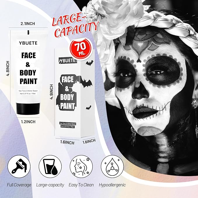 White Water Based Face Body Paint, 2.37 OZ Washable Large Tube Full Coverage Face Paint Cream for Adult Carnival Cosplay Halloween SFX Skull Joker Zombie Vampire Skeleton Goth Makeup-VivaGrace Women