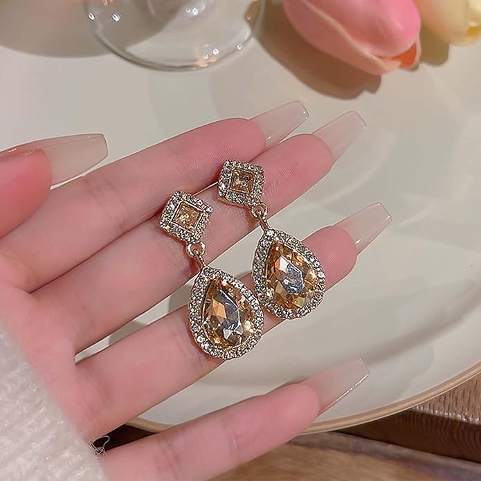 Vintage Crystal Teardrop Earrings Rhinestone Drop Earrings Sparkly Cz Teardrop Dangle Earrings Gold Square Gem Stud Earrings Jewelry for Women-VivaGrace Women