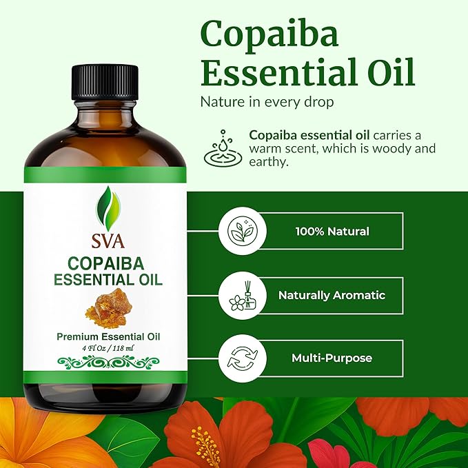 SVA Copaiba Essential Oil – 4 Fl Oz – 100% Natural Copaiba Oil - for Diffuser, Hair Care, Face, Skin Care, Aromatherapy, Scalp and Body Massage, Soap and Candle Making – with Dropper-VivaGrace Women