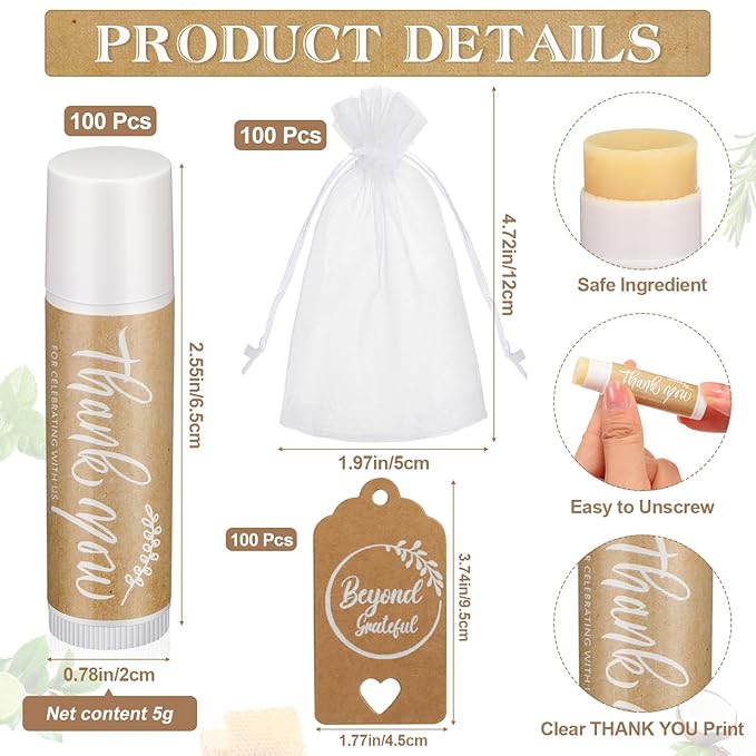 100 Set Thank You Lip Balm Bulk Small Natural Moisturizing Mini Lip Balm with Organza Bag and Card for Baby Wedding Bridal Shower Thank You Favors Bridesmaid Gifts Women Guests-VivaGrace Women